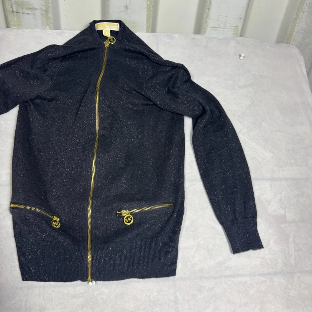 Michael Kors Womens Sweater Black Shimmer‎ Knit Full-Zip Cardigan Long Sleeve S